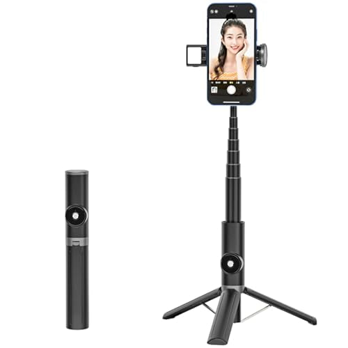 Selfie Stick Tripod Portable Extendable Cell Phone Stand with Detachable Mini Ring Light Phone Tripod Stand with Bluetooth Remote for iPhone Android for Vlogging/Travel/Live Streaming (Black) - color: Black