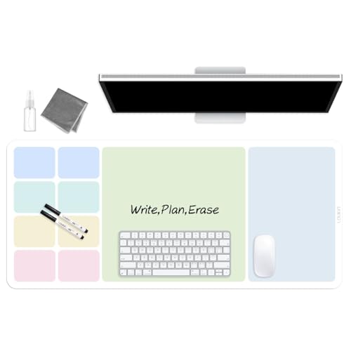 LOUKIN Erasable Dry Erase Desk Mat, 32"x14" Mouse Pad, Writing White Board, Non-Slip Desktop Protector for Office, Home, School (Includes 2 Wet Erase Markers & Cleaning Cloth)