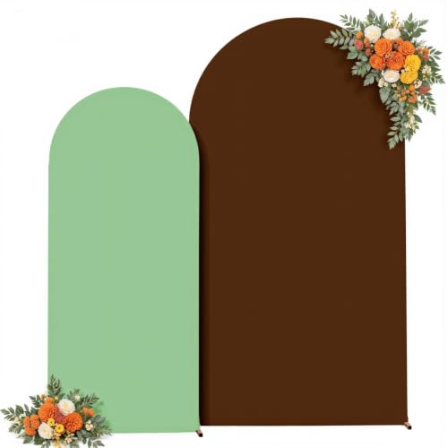 Brown Green Arch Backdrop Cover for Wedding, 7.2FT 6FT Set of 2 Stretchy Spandex Fitted Arch Stand Cover for Baby Shower, Birthday Party Decor, Chiara Backdrop Cover with Double-Sided Design - color: Brown+Green