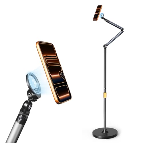 Magnetic Phone Floor Stand, Aluminum iPhone Overhead Stand with Adjustable Arm & Remote for Multi-Angle Creative Shooting, Stable Stand for iPhone/Android