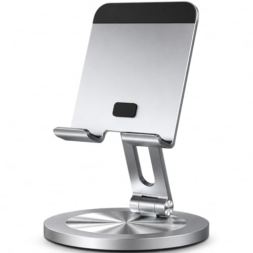 Phone Stand for Desk, 360° Rotating Dual Adjustable Foldable Holder, Heavy Solid All-Aluminum Base Anti-Slip Stable Support for Home Office Study, Fits iPhone Galaxy 4-8" Phones (Silver) - color: Silver