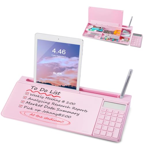 Small Glass Desktop Whiteboard Dry-Erase-Board - Computer Keyboard Stand with Calculator White Board Surface Pad with Drawer, Desk Organizers with Accessories for Office, Home, School Supplies - Pink - color: Calculator - Pink