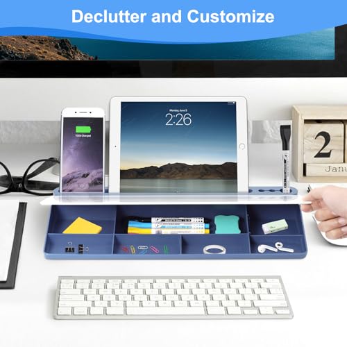Glass Desktop Whiteboard with Storage, Desk White Board with Computer Keyboard Stand,White Dry Erase Board with Drawers for Home,School,Office - Blue - color: Organizer-blue