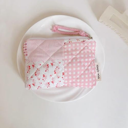 Cotton Quilted Floral Coin Purse Digital Camera Pouch with Cute Prints Zipper for Women Girls (PINK PATCH) - color: PINK PATCH