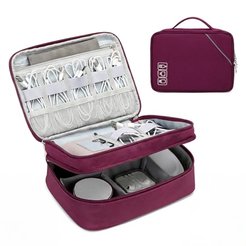 Lanola Electronic Organizer Travel Double Layer Cable Organizer Bag,Accessory Bag for Hard Drives,Cables,USB,SD Card,Memory Cards,Flash Drive,etc. - Red - color: 2-Red