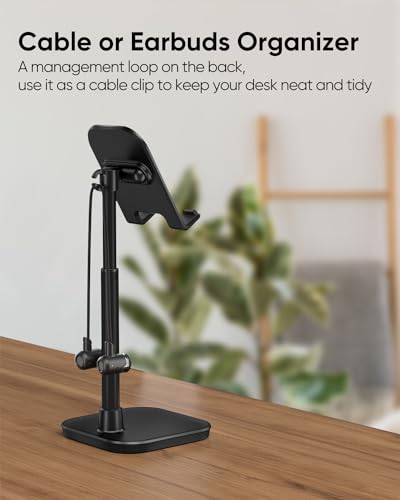 Cell Phone Stand, Adjustable Height Phone Stand for Desk, Eye Level Desktop Phone Holder Compatible with iPhone, Pro Max, Samsung, and All Mobile Phones up to 10'' - color: Black