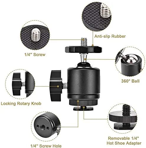 UTEBIT 2 Pack Mini Tripod Ball Head with 1/4" Camera Hot Shoe Mount, Black | 360° Vertical Pan 90° Camera Mount Adapter Photograph Attachment Accessories for Action Cameras Cam Light Microphone - size: 20mm ball head