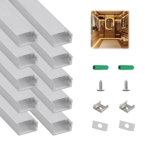 10-Pack 3.3ft/1M U-Shape LED Aluminum Channel System, Silver Profile with Milky White Diffuser Cover, Spotless LED Strip Light Track for Under Cabinet, Stairs, Wall and Ceiling Lighting - color: Silver Aluminum + White Cover, size: 3.3FT/10P/#048