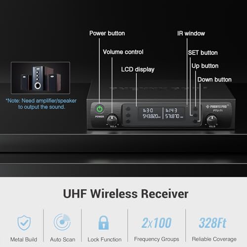 Phenyx Pro Dual UHF Wireless Microphone System，Auto-Scan Cordless Mic Set w/ 2x100 Frequencies, 2 Bodypacks & Headsets/Lapel Microphones for Speaking, Singing, Church, DJ (PTU-71-2B)