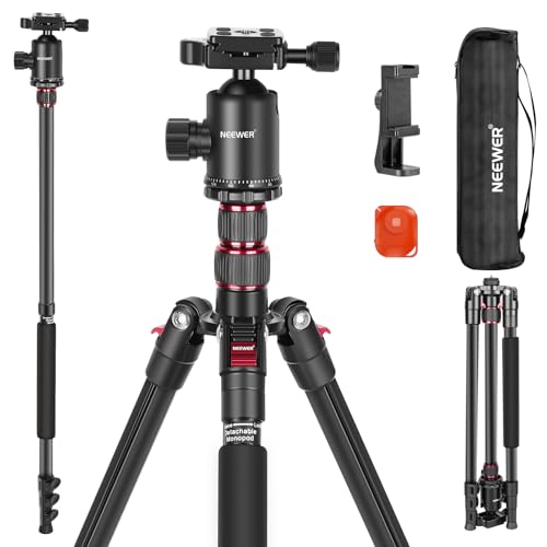 NEEWER 77” Camera Tripod Monopod with Phone Holder, Portable Travel Tripod with Remote, 360° Ball Head, 2 Axis Center Column, Arca QR Plate and Bag, Aluminum DSLR Tripod 34lb Max Load, TP77 - style: Travel Tripod with Remote