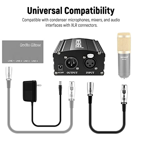 Neewer 1-Channel 48V Phantom Power Supply with Adapter, BONUS+XLR 3 Pin Microphone Cable for Any Condenser Microphone Music Recording Equipment (8 feet) - style: NW-100