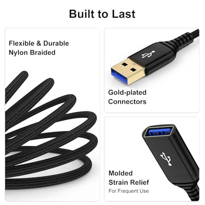 USB Extension Cable, 10FT Long USB Extender USB 3.0 Extension Cable, Male to Female Cord High Data Transfer Compatible with Webcam, Camera, Phone, Keyboard, Flash Drive, Hard Drive, Printer, Headset - color: Black