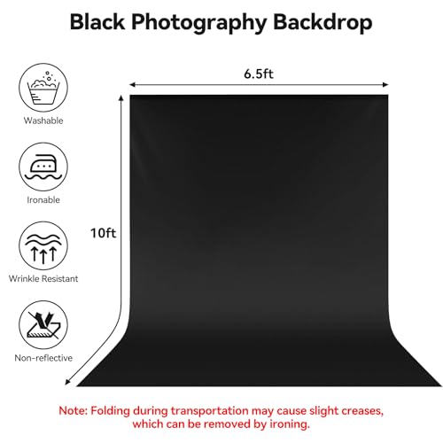 UTEBIT 6.5x10ft Black Photography Backdrops Non-Reflective Fabric Photography Backdrop Chroma Black Screen Sheet Polyester Wrinkle Resistance Curtain for Video Streaming Studio Portrait Shoots