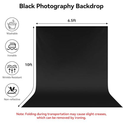 UTEBIT 6.5x10ft Black Photography Backdrops Non-Reflective Fabric Photography Backdrop Chroma Black Screen Sheet Polyester Wrinkle Resistance Curtain for Video Streaming Studio Portrait Shoots