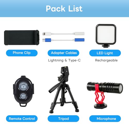 Vlogging Kit for iPhone, Android, Camera, Compatible with YouTube Starter Kit with Rechargeable LED Light + Microphone + Phone Clip + Aluminum Desktop Tripod for Vlogging, Instagram, TikTok