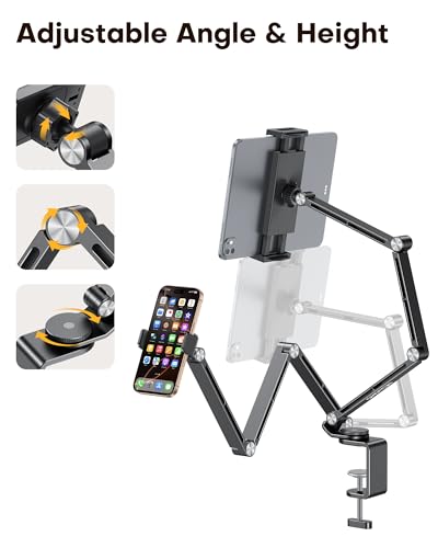 OMOTON Tablet Stand for iPad with 360° Rotation, GH03 Aluminum Alloy Long Arm Phone Mount with 2 Plastic Clamps (Phone & Tablet), Adjustable Holder for 4-13" iPad Pro/iPhone, Black - color: Black