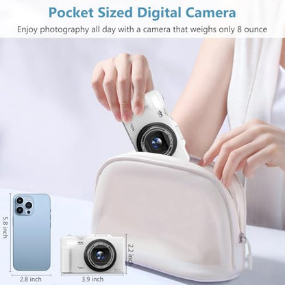 4K Digital Camera for Photography, 64MP Vlogging Camera for YouTube with 3" 180° Flip Screen, 18X Digital Zoom Point and Shoot Camara with 32GB Micro SD Card for Beginner (White) - color: YL15-W08-C-White