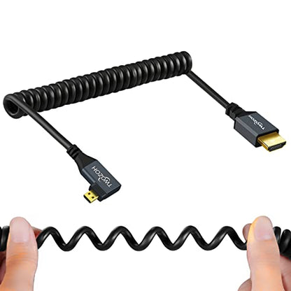 Twozoh Right Angled Coiled Micro HDMI to HDMI Cable, Micro HDMI to HDMI Coiled Cable 90°Degree Stretched Length 30cm to 150cm - Supports 3D/4K 1080p(5FT) - color: Right Angled, size: 5Ft