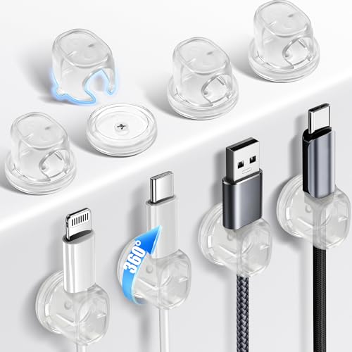 8 Pack Cord Organizer, Ω-Shaped Rotatable Cable Clips, Strong Adhesive Cable Management with Nails, Cord Holder for Nightstand, Desk, and Wall (Clear)
