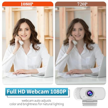 Webcam for PC, HD 1080P Webcam with Microphone, 110° Wide Angle USB Plug & Play - Noise Canceling for Video Calls, Streaming, Gaming - Built-in Privacy Shutter & Tripod - color: White