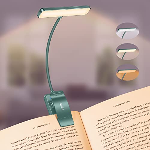 Gritin 19 LED Rechargeable Book Light for Reading in Bed | Eye Caring 3 Color Temps,Stepless Dimming Brightness,Memory Function,90 Hrs Runtime Lightweight Clip on Light-Blackish Green - color: Blackish Green