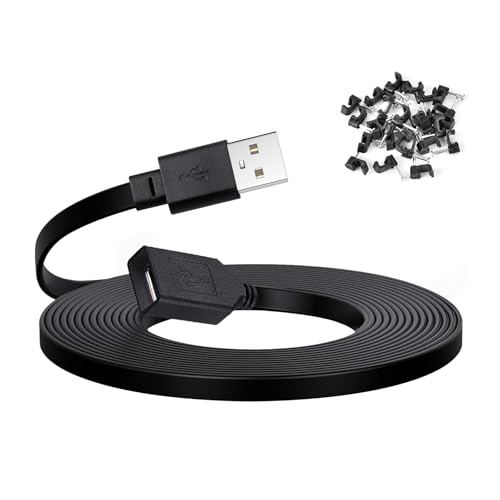 50 ft Extension Cable for Wyze Cam v4 and Cam Pan v3 Outdoor Cameras, USB Male to Female Flat Cord, Black - color: Black