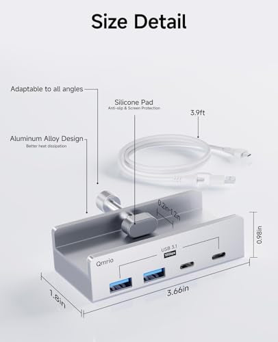 USB Hub 3.1, 10Gbps Clamp USB Hub with 2 USB-A Data Ports, 2 USB-C Port with Extra Power Supply Port (Silver) - color: Silver