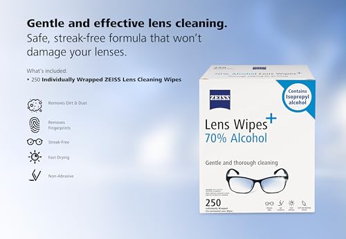 ZEISS Pre-Moistened Lens Cleaning Wipes with 70% Alcohol, 250 Count - size: 250 Count (Pack of 1)