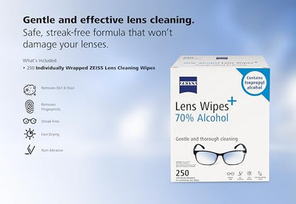 ZEISS Pre-Moistened Lens Cleaning Wipes with 70% Alcohol, 250 Count - size: 250 Count (Pack of 1)