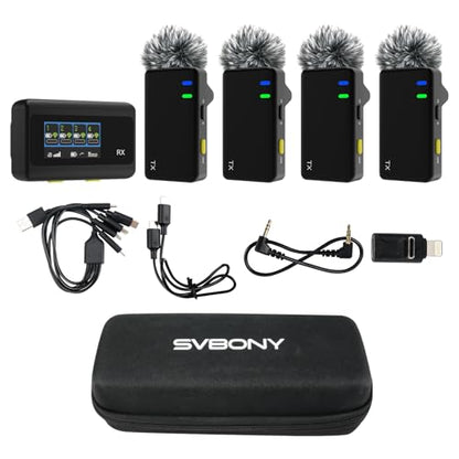 SVBONY D4 4-Person Wireless Lavalier Microphones Systems for Interviews | Compatible with iPhone Android Camera, Safety Track, 656ft Range, 2-Level Noise Reduction, Magnetic Mount