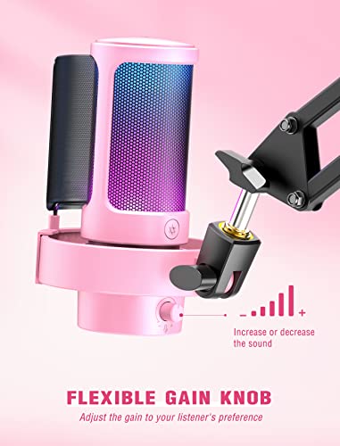 FIFINE USB Streaming Gaming Microphone, PC Condenser Desktop Mic for Video, Home use, YouTube, with RGB Control, Gain Knob, 3.5mm Headphone Jack, Shock Mount, on Computer/PS5-AmpliGame A8 Pink - size: A8P-Desktop