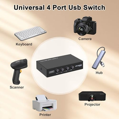 USB2.0 Printer Sharer Switcher, 4 Port USB B Print Selector Switch Adapter 4 in 1 Out Printer Splitter Hub for Printer Scanner Camera Keyboard