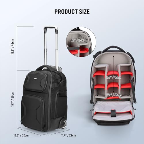 Neewer 2 in 1 Camera Roller Bag with Detachable Shockproof Dividers Retractable Handle Waistband Rain Cover Water Resistant Robust Carry On Backpack for Camera Tripod Flash Lens Laptop, Black, PB027 - style: Pb027