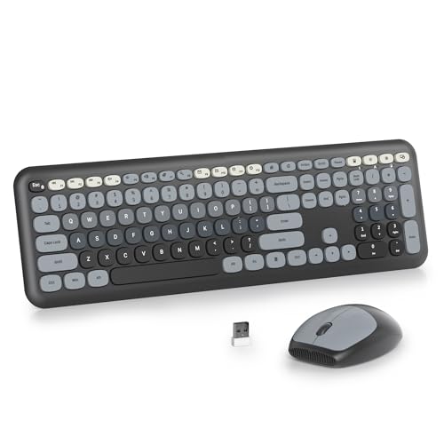 Black Grey Quiet Keyboard and Mouse Wireless, Retro Typewriter 104-Key Fullsize Keyboard Round Keys for Home Office Dorms PC/Laptop/Desktop(Gradient Dark) - color: Gradient Dark