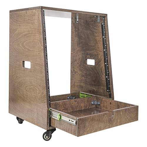 Sound Town 12U DIY Solid Baltic Birch Plywood Slanted Studio Rack with 12U Rack Space, Extra 2U Drawer, Rubber Feet, Casters, Weathered Brown (SDRK-12TBD2) - size: 12U, Weathered Brown, Slanted w/ Drawer