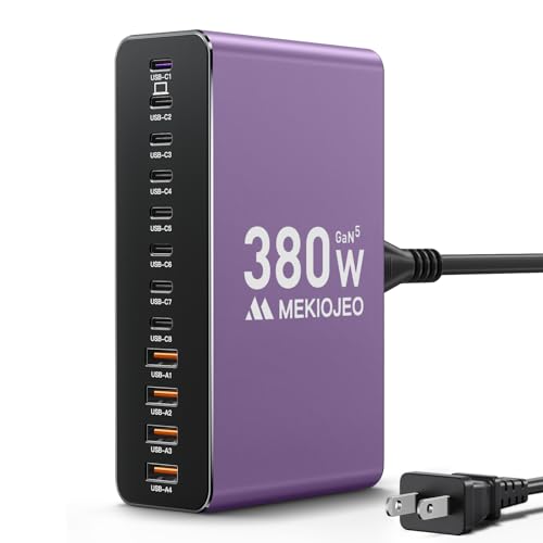 MEKIOJEO 12 Ports Aluminum Alloy 380W Charging Station Fast USB C Charger Block 65W Laptop GaN Charger for MacBook Pro/Air/iPad Pro/iPhone (Purple) - color: Purple