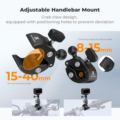 K&F CONCEPT Super Clamp Camera Mount with 360° Dual Ball Head, Bike/Motorcycle Handlebar Mount Compatible with DJI Action 6/5/4/3, Hero 13/12/11/10, 360 X5 X4 - style: Super Clamp with Phone Holder