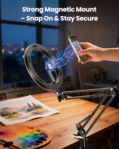 Magnetic Ring Light Overhead Camera Phone Mount for Desk, 10” Selfie Light for iPhone with MagSafe-Compatible Phone Holder for Video Recording, Zoom Meeting, Live Streaming - size: 36" tall - Magnetic (Standard)