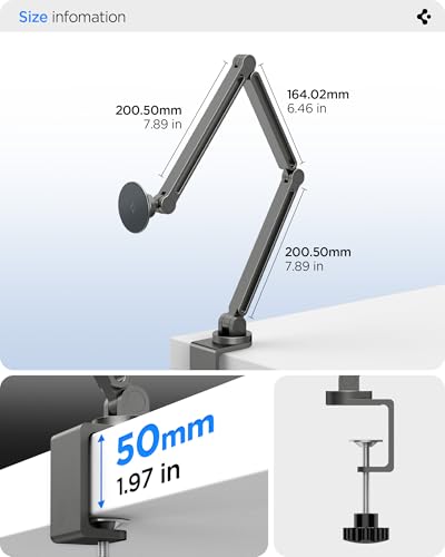 Spigen OneTap (Magfit) Adjustable and Flexible Phone Holder Clamp Stand with Magsafe, Overhead Mount Bed Accessories, Compatible with iPhone 16 15 14 13 12 Series & MagSafe Cases - Space Gray - size: Phone Holder Clamp Stand