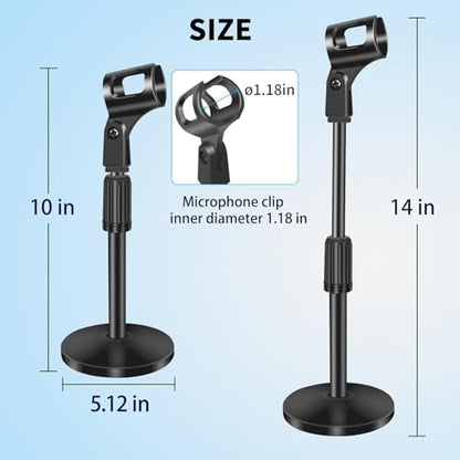 2 Pack Small Microphone Stand Desk, Desktop Mic Stand Adjustable Microphone Holder Lightweight Table Mic Stand with Mic Clip for Blue Yeti Shure Microphone, without Microphone - size: 2 Pack （10-14 Inch）