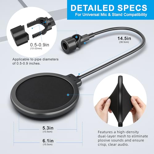 LINCO Professional Microphone Pop Filter Shield For Blue Yeti and Any Other Microphone, Dual Layered Wind Pop Screen With A Flexible 360 Degree Gooseneck Crab Clamp Stabilizing Arm (PF1502)
