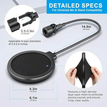 LINCO Professional Microphone Pop Filter Shield For Blue Yeti and Any Other Microphone, Dual Layered Wind Pop Screen With A Flexible 360 Degree Gooseneck Crab Clamp Stabilizing Arm (PF1502)