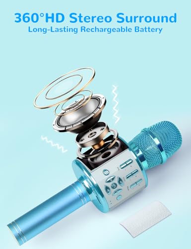 Amazmic Kids Karaoke Microphone Machine Toys for Girls Bluetooth Microphone with LED Light, Father's Day Birthday Gift for Girls Boys 3 4 5 6 7 8 9 10 11 12 Year Old Kids Toys(Blue) - color: Blue