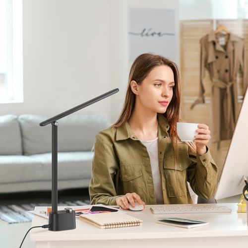 Honeywell Upgraded LED Desk Lamp - H01 Pro Sunturalux™ Foldable Desk Light with USB A+C Charging Ports, 3 Color Modes Dimmable Table Lamp for Home Office Reading(Black) - color: Black