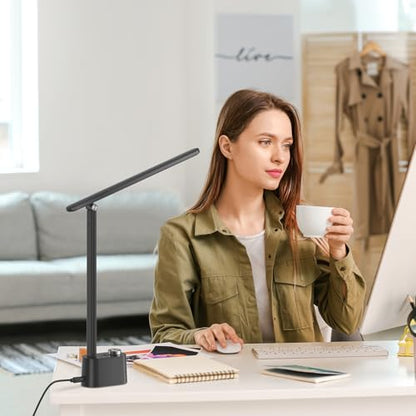 Honeywell Upgraded LED Desk Lamp - H01 Pro Sunturalux™ Foldable Desk Light with USB A+C Charging Ports, 3 Color Modes Dimmable Table Lamp for Home Office Reading(Black) - color: Black