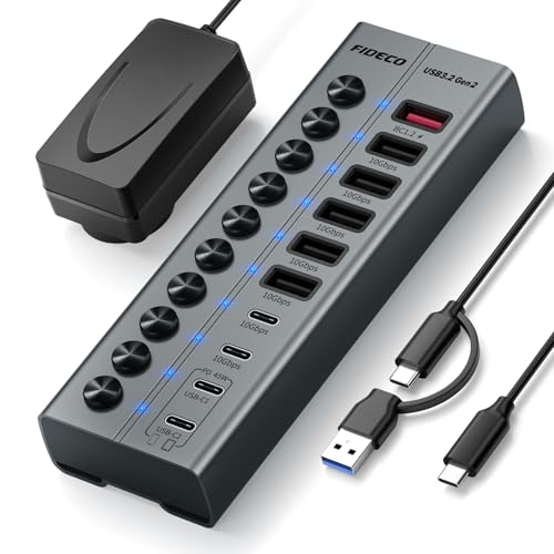 FIDECO 10-Port 72W Powered USB Hub, USB C Hub with 1 BC1.2, 2 PD 45W Charging Ports, and 7 USB 3.2 Ports (5 USB-A + 2 USB-C), Aluminum 10Gbps USB Hub for Laptop, PC, MacBook, iPhone 17/16/15, Grey