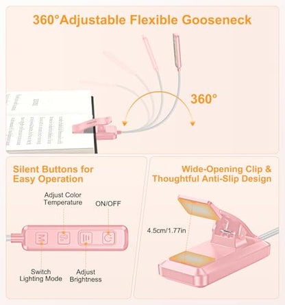 Gritin 2026 Gen 2 Book Light for Reading- 30 Eye Caring Full Spectrum LED | 5 Colors & 5 Brightness, Adjustable Wide/Narrow Beam, Upgrade 1500mAh Long-Lasting Rechargeable Clip on Light-Pink - color: Pink