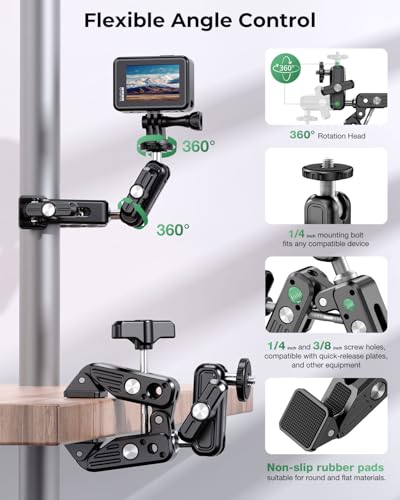 Super Clamp Camera Mount, 360° Dual Ballhead Magic Arm, 1/4"-20 & 3/8"-16 Threads, Super Clamp Kit for Phone/LED Lights/DSLR Camera/Gopro/Ronin-M/MOVI/Insta360/Tripod/Desk
