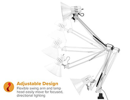 Bostitch Office VLF100-WHT Swing Arm Desk Lamp with Clamp Mount, 36" Reach with Multi-Joint Adjustment, Includes Replaceable LED Bulb (VLF), White - style: Clamp, White