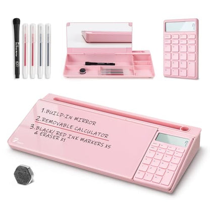 TOWON Desk Dry Erase Board with Detachable Calculator, Small Glass Desktop Whiteboard, Desktop whiteboard - Glass Dry Erase White Board- Desk Computer Buddy for Home Office Supply, Pink, 17 x 6 in - color: Cal Pink